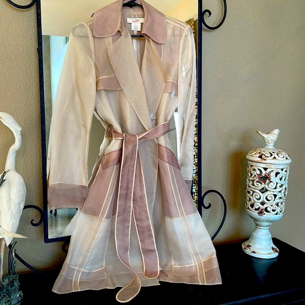 BCBGMaxAzria Sheer Ivory Trench with Dusty Rose Trim